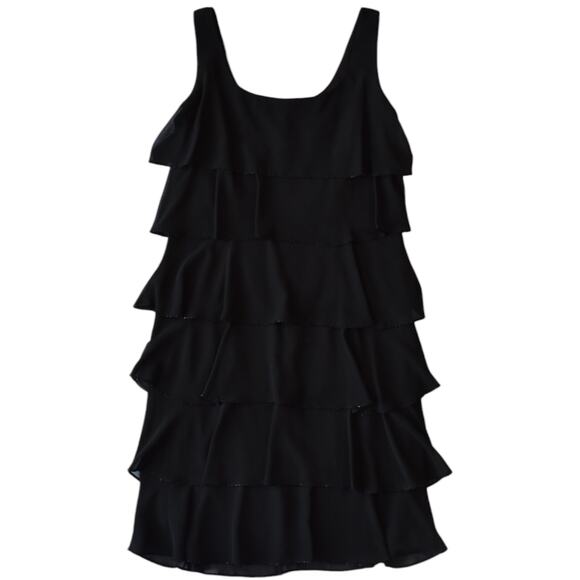 Vintage Dresses & Skirts - Elegant 90s Black Party Dress with Ruffle Layers and Beaded Trim - Size 10
